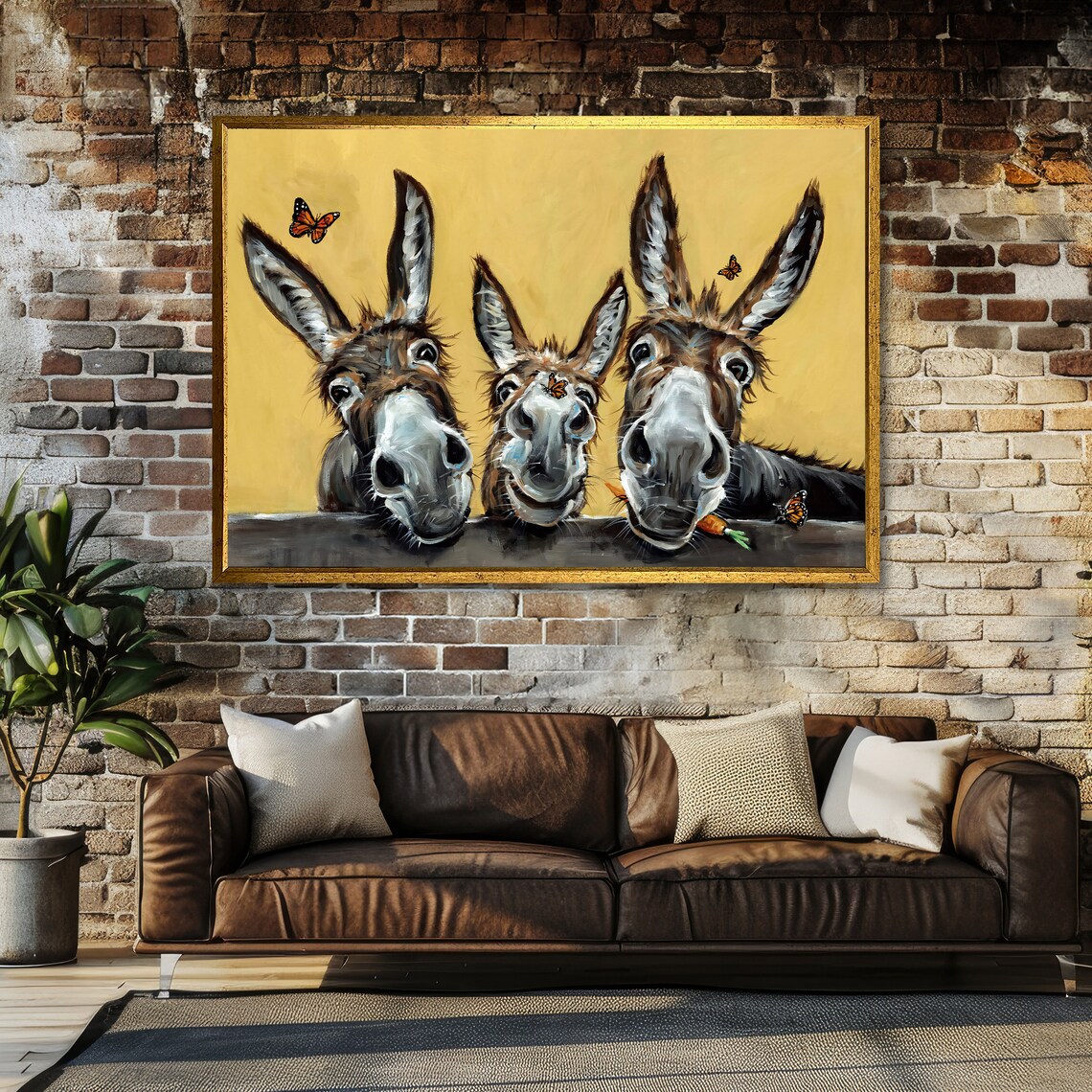 Cheerful Donkey Trio Butterflies Farmhouse Animal Art Poster - Image 3