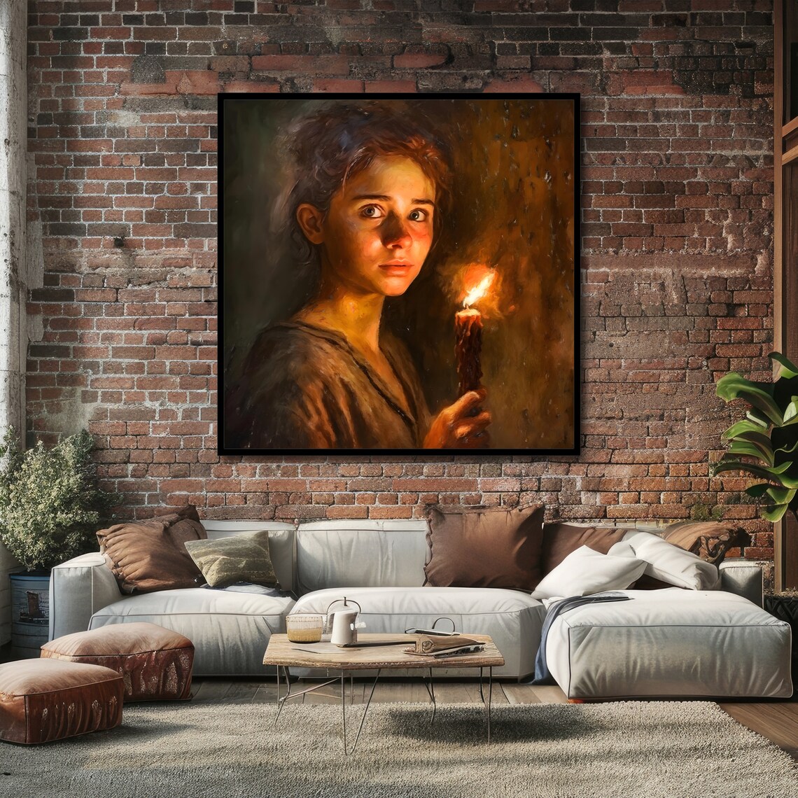 Young Woman Holding a Lit Candle Warm Chiaroscuro Portrait Art Poster - Image 4
