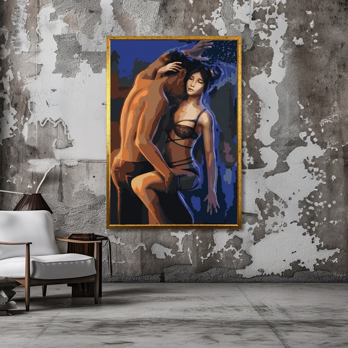 Passionate Couple Embrace Under Moonlight Romantic Art Poster - Image 3