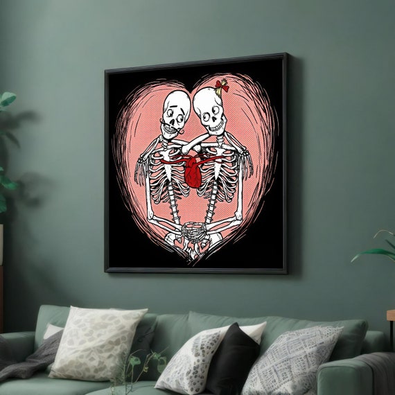Skeleton Love Romantic Skeleton Art Gothic Wall Decor Cute Skeleton Couple Print Heart Art Ready To Hang