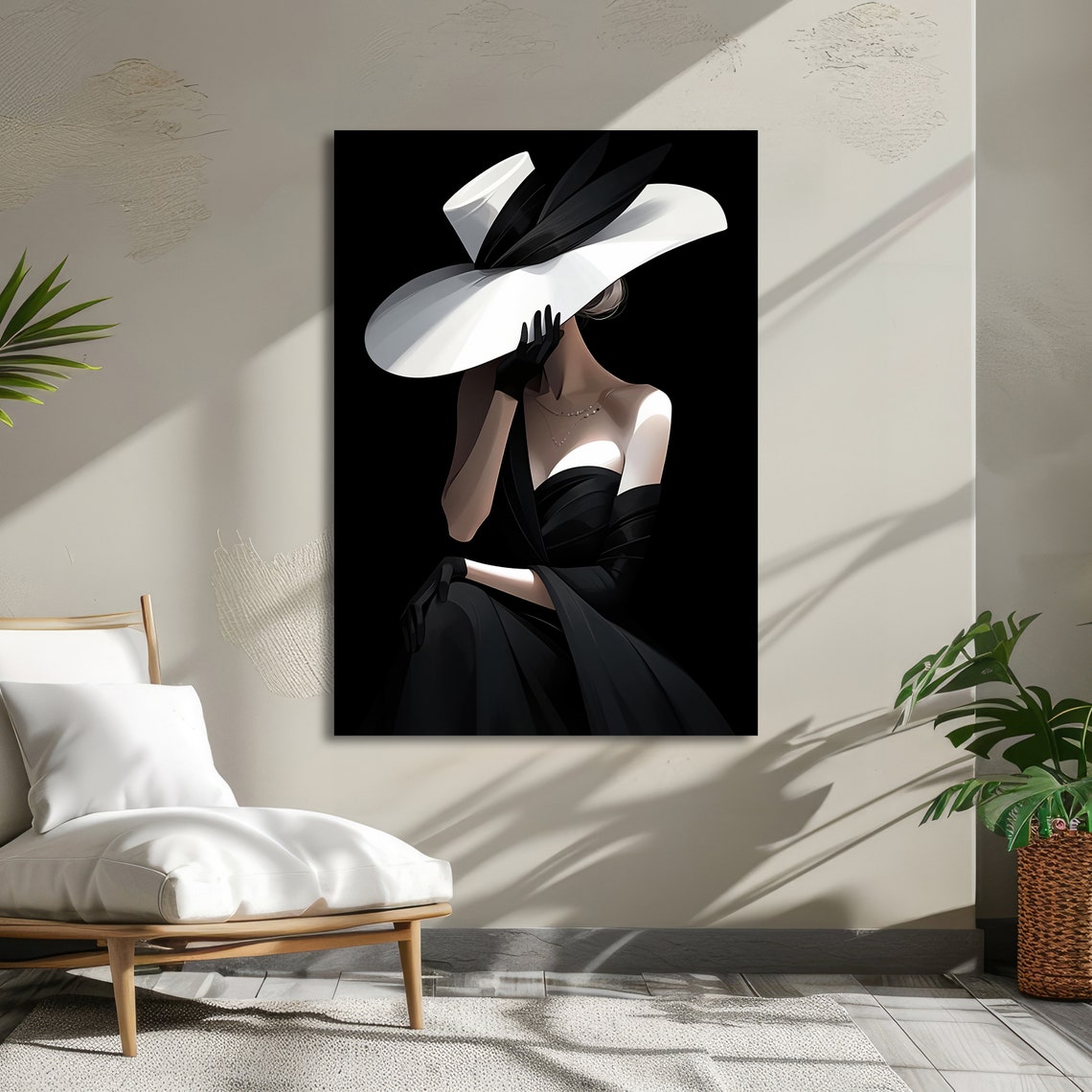 Elegant Lady in Black With a Wide White Hat Glamour Art Poster - Image 5