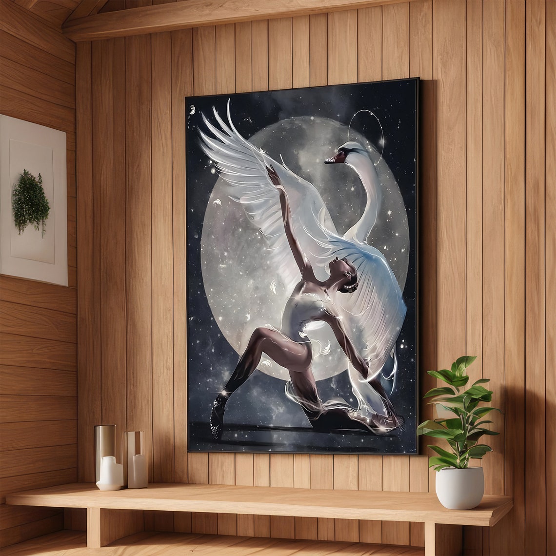Ballerina with Swan Wings Fantasy Moonlight Dance Art Poster