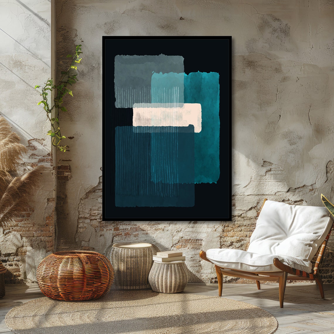 Abstract Teal and White Brushstroke Blocks on Black Modern Art Poster - Image 4