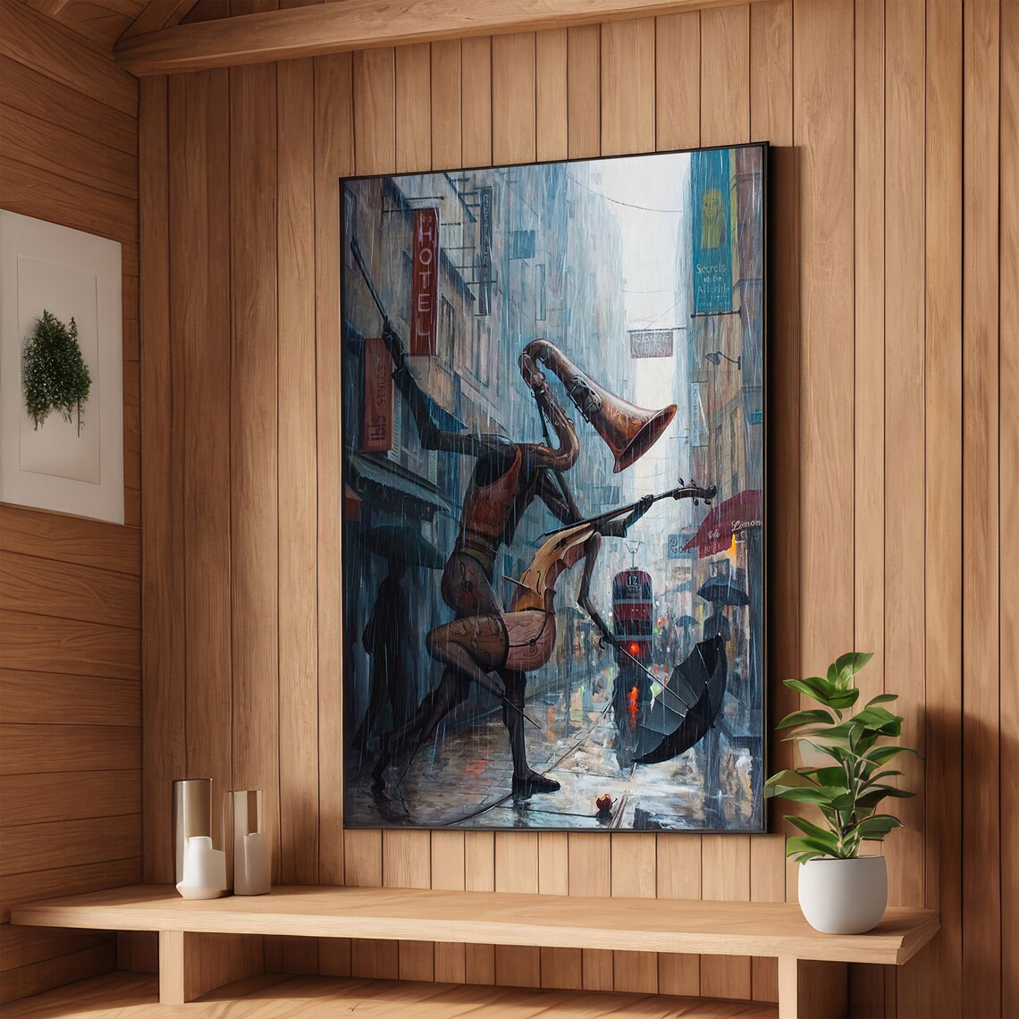 Surreal Saxophone Player Rainy City Street Jazz Music Poster