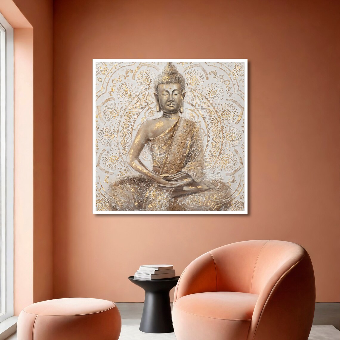 Golden Buddha Meditating Before Ornate White and Gold Mandala Art Poster - Image 6