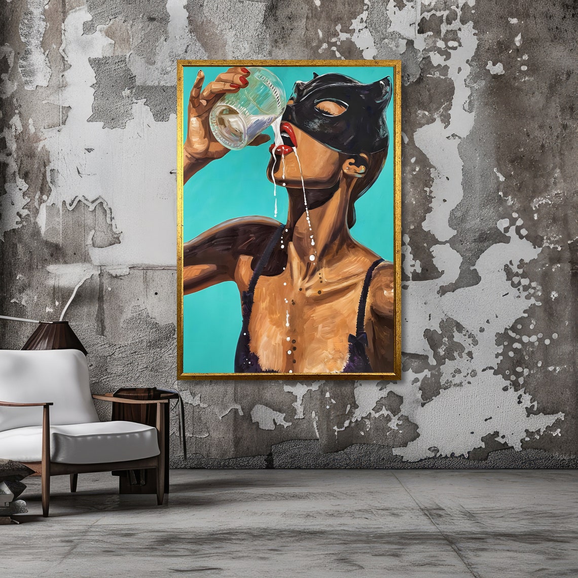 Masked Catwoman Drinking Boldly in a Pop Art Erotic Decor Poster - Image 3