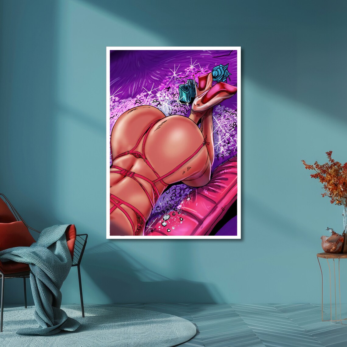 Pin-Up Woman Back View in Purple and Pink Cartoon Art Poster - Image 6