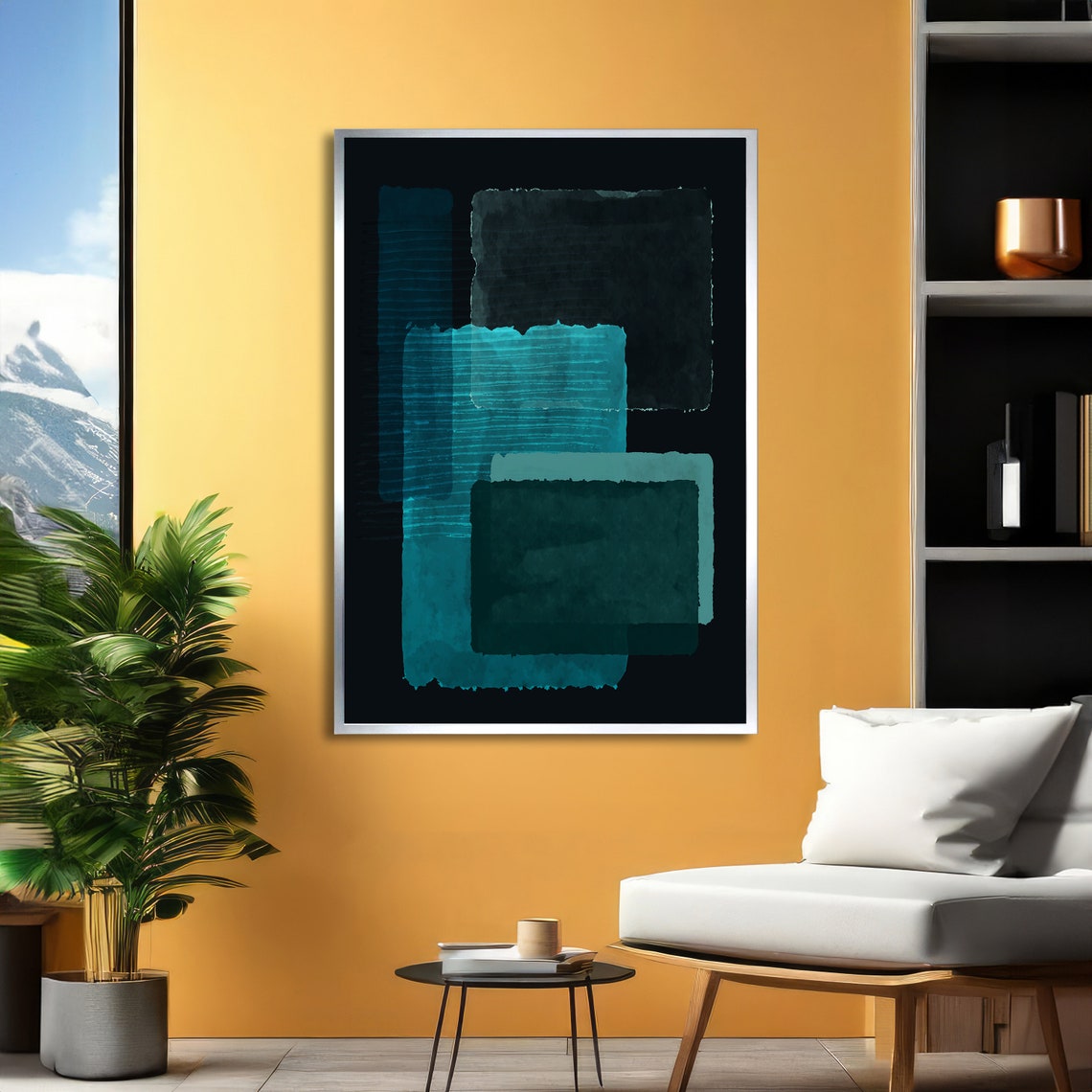 Deep Teal Rectangles on Black in Rothko Style Abstract Poster - Image 2