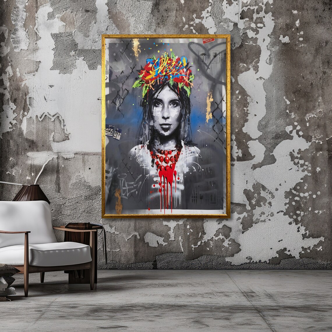 Graffiti Girl With Flower Crown Urban Street Art Portrait Poster - Image 3