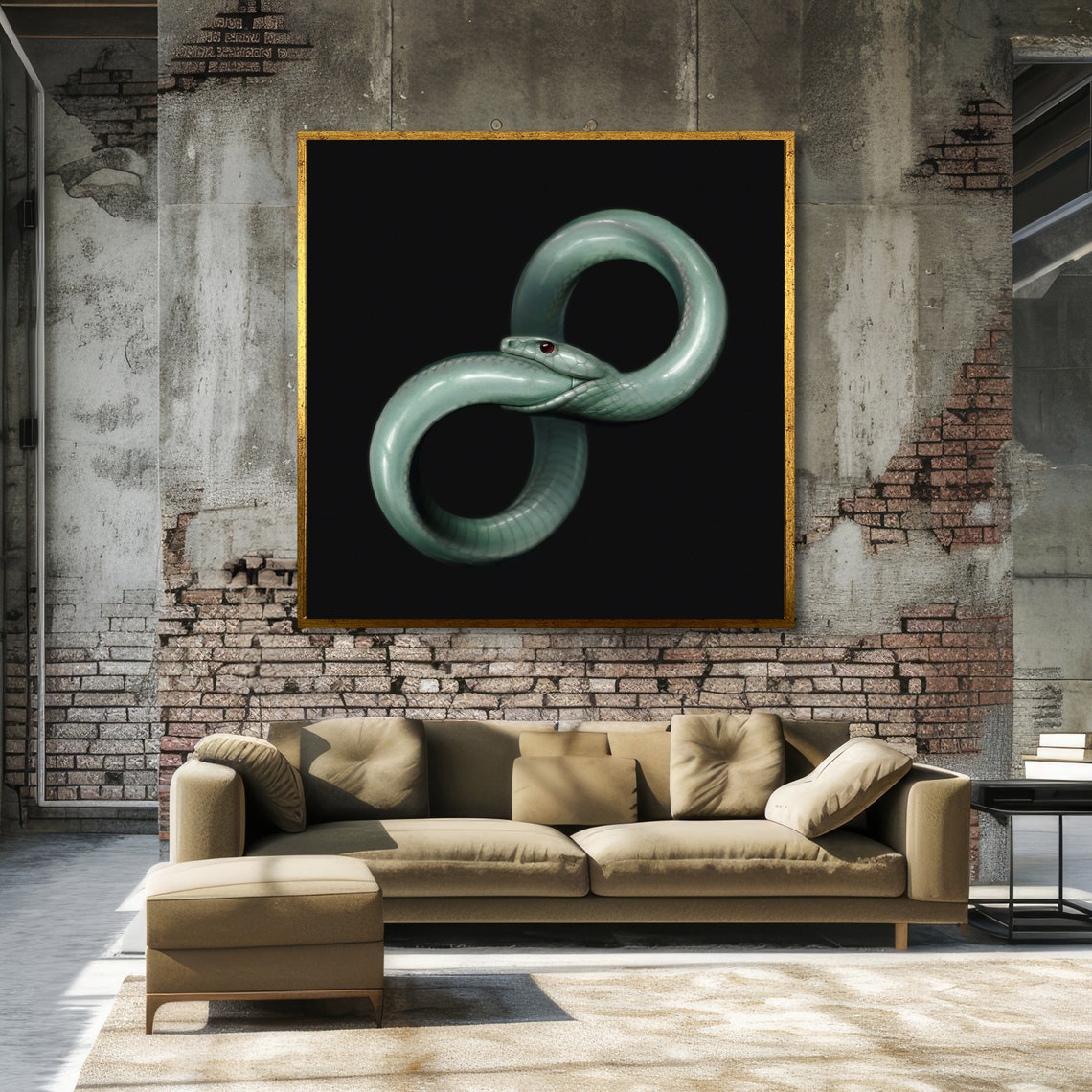 Pale Green Ouroboros Serpent in Infinite Loop on Black Poster - Image 3