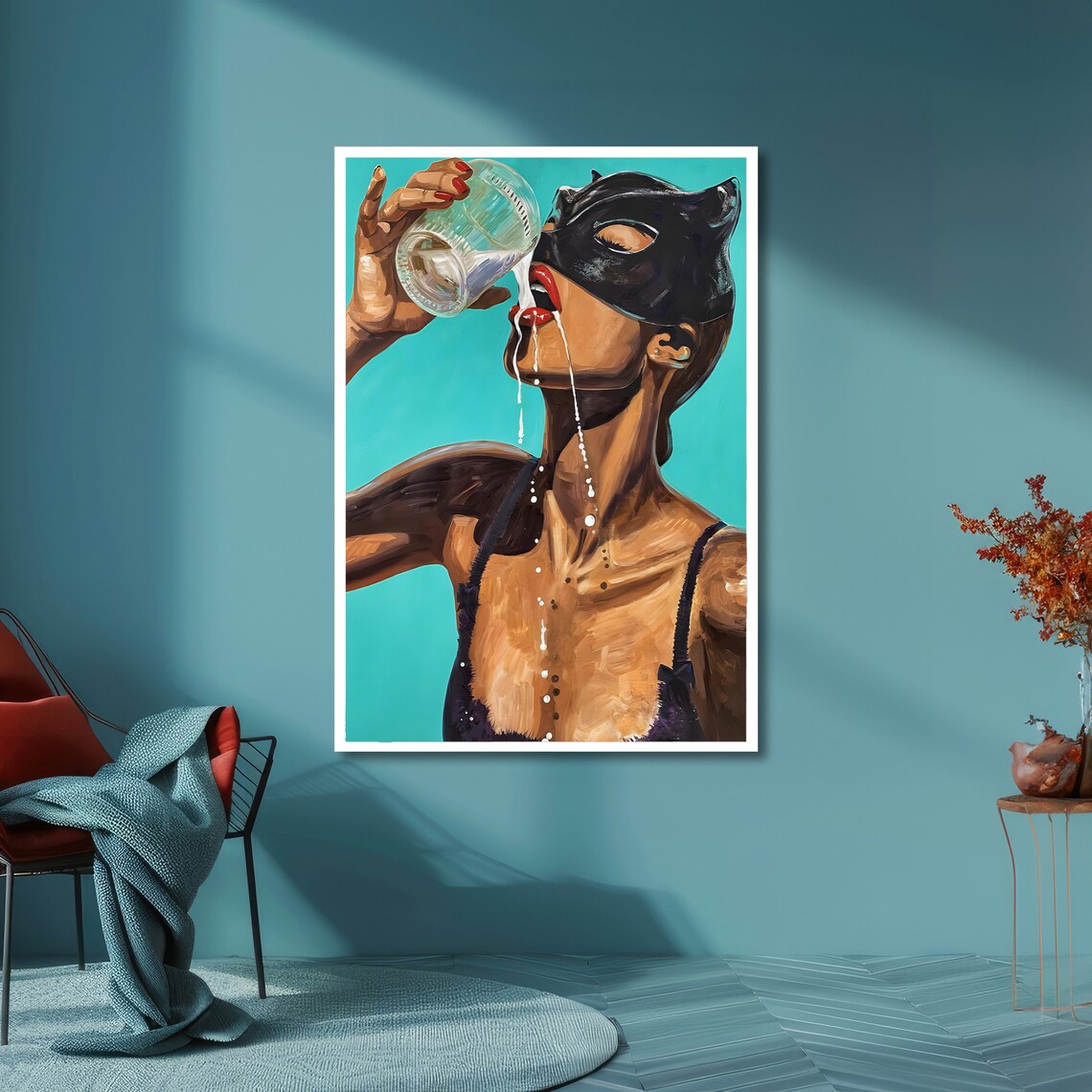 Masked Catwoman Drinking Boldly in a Pop Art Erotic Decor Poster - Image 6