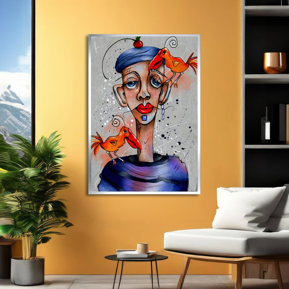 Whimsical Woman in Blue Hat with Cherry and Orange Birds Art Poster - Image 5