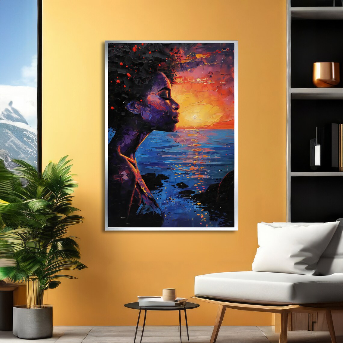 Woman Silhouette in Ocean Sunset Impasto Portrait Art Poster - Image 4