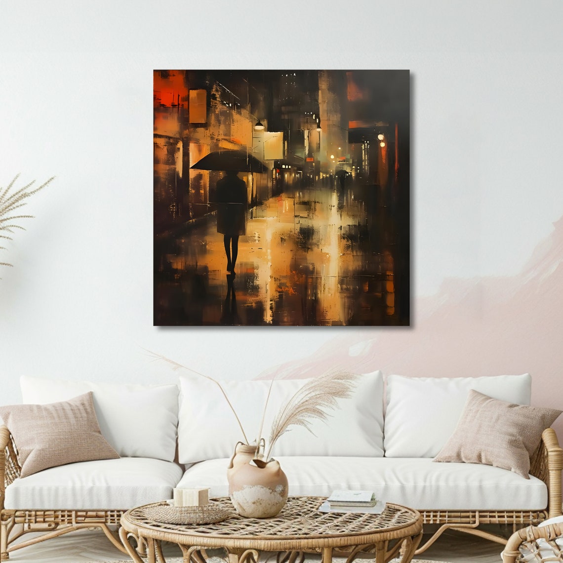 Lonely Figure With Umbrella Rainy Night City Street Scene Poster - Image 5