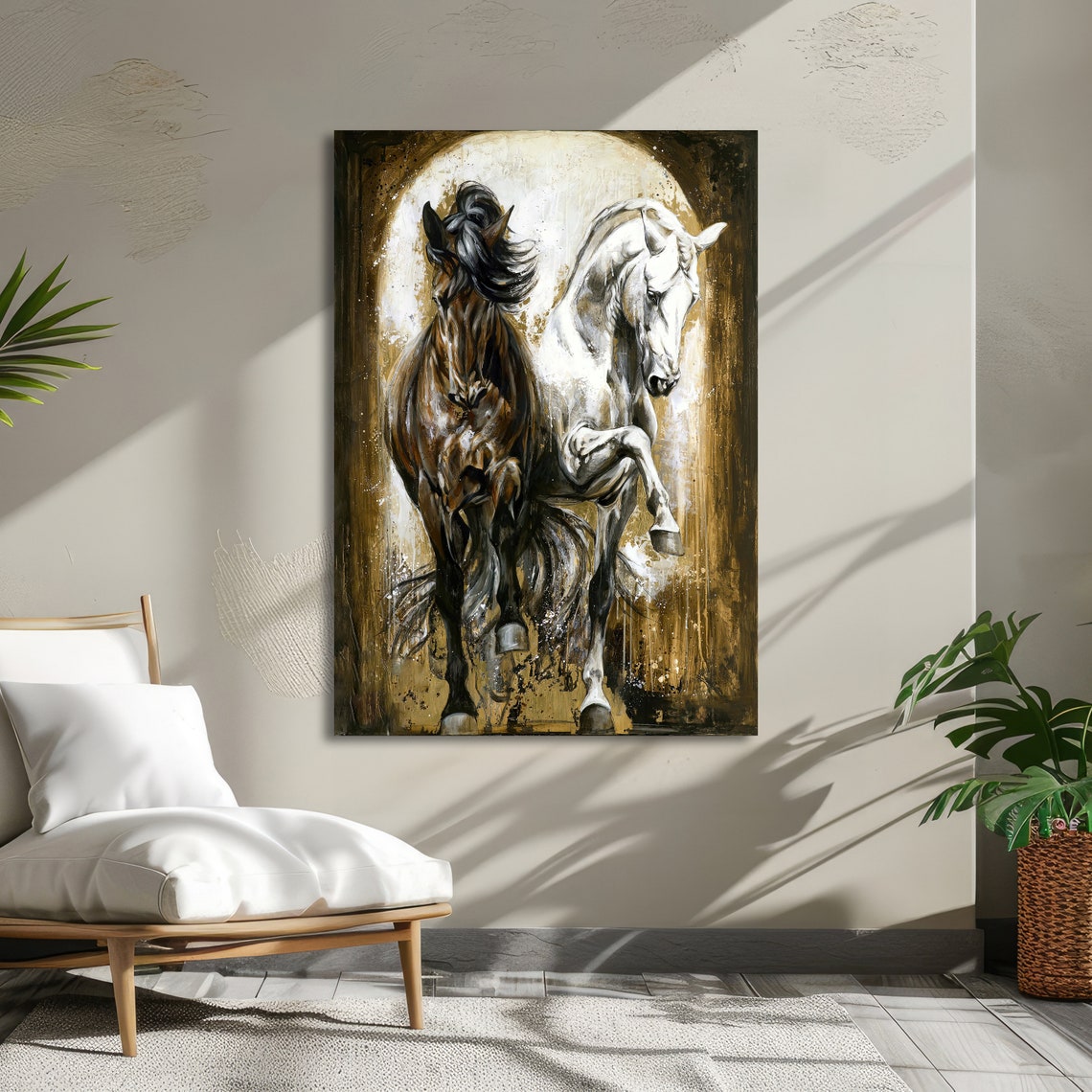 Black and White Horses Duo Beneath a Glowing Golden Arch Art Poster - Image 5