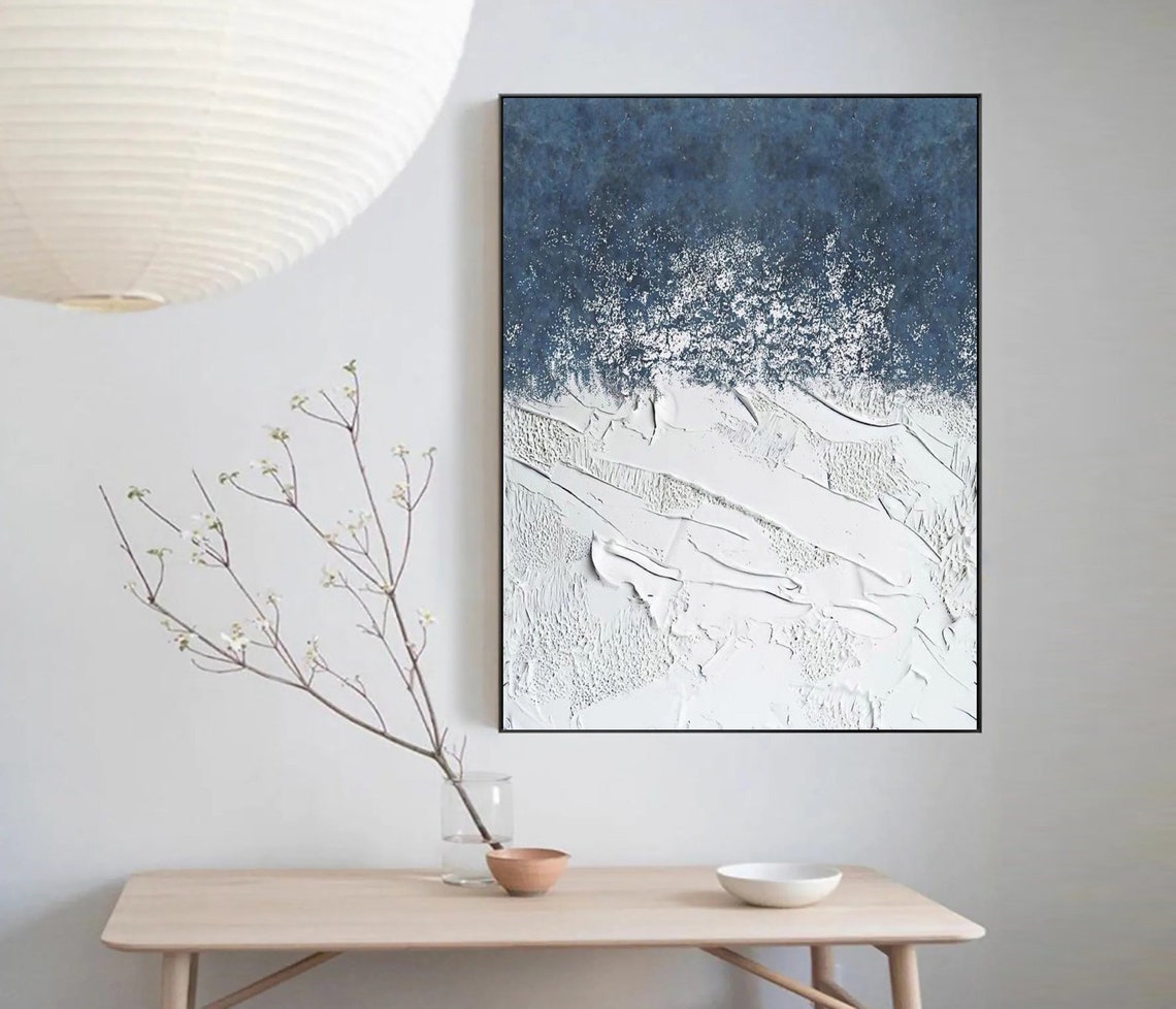 Navy Night Sky White Snow Waves Textured Impasto Neutral Poster - Image 5