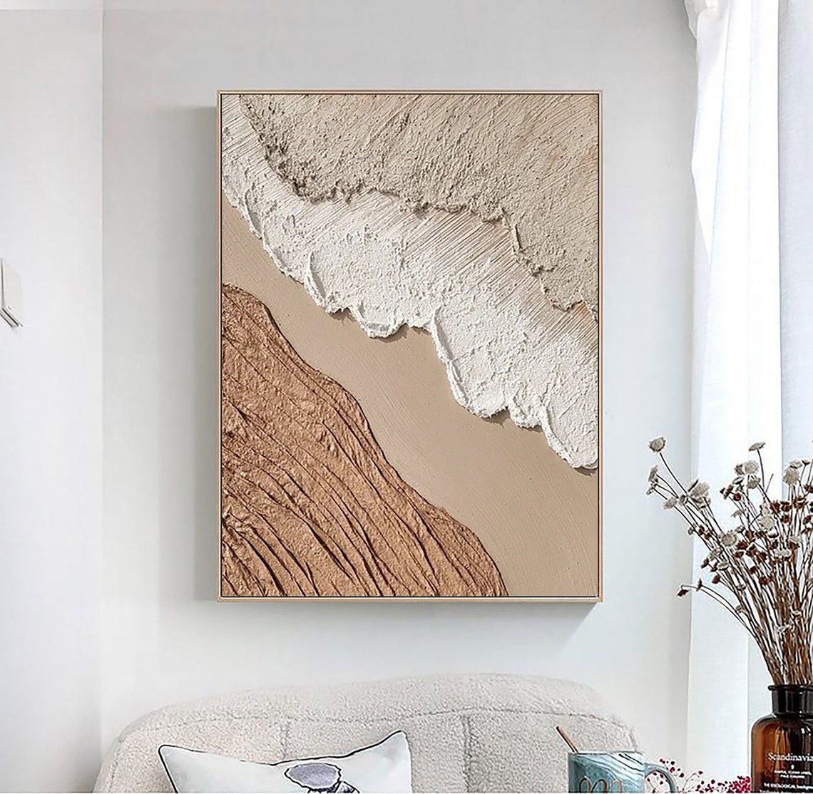 Original Brown Beige White Minimalist Abstract Painting For 3d Textured Wall Art For Beige White Textured Painting For Abstract Art - Image 4