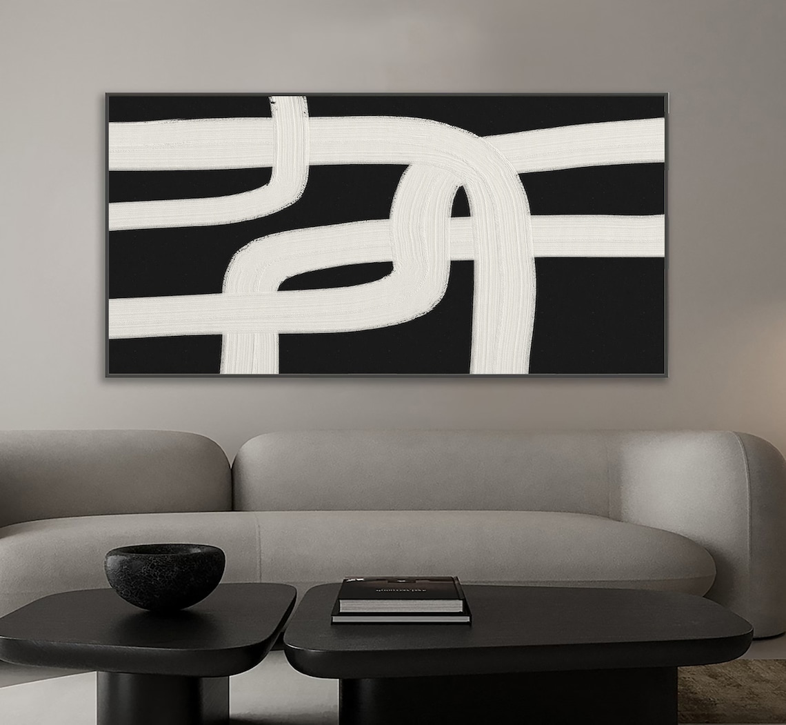 White Woven Bands Interlaced On Black Abstract Textured Art Poster - Image 4