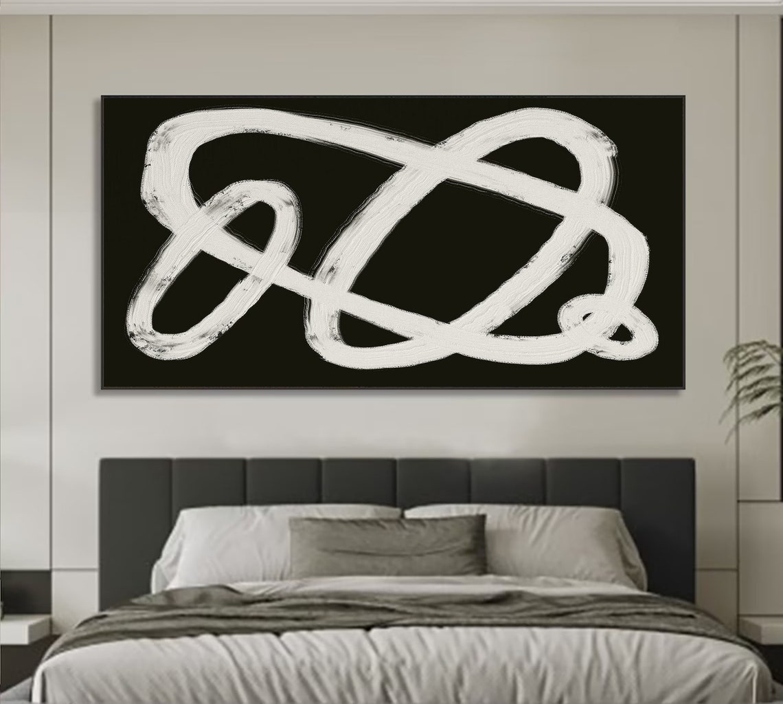 White Continuous Line Loops On Black Abstract Modern Art Poster - Image 3