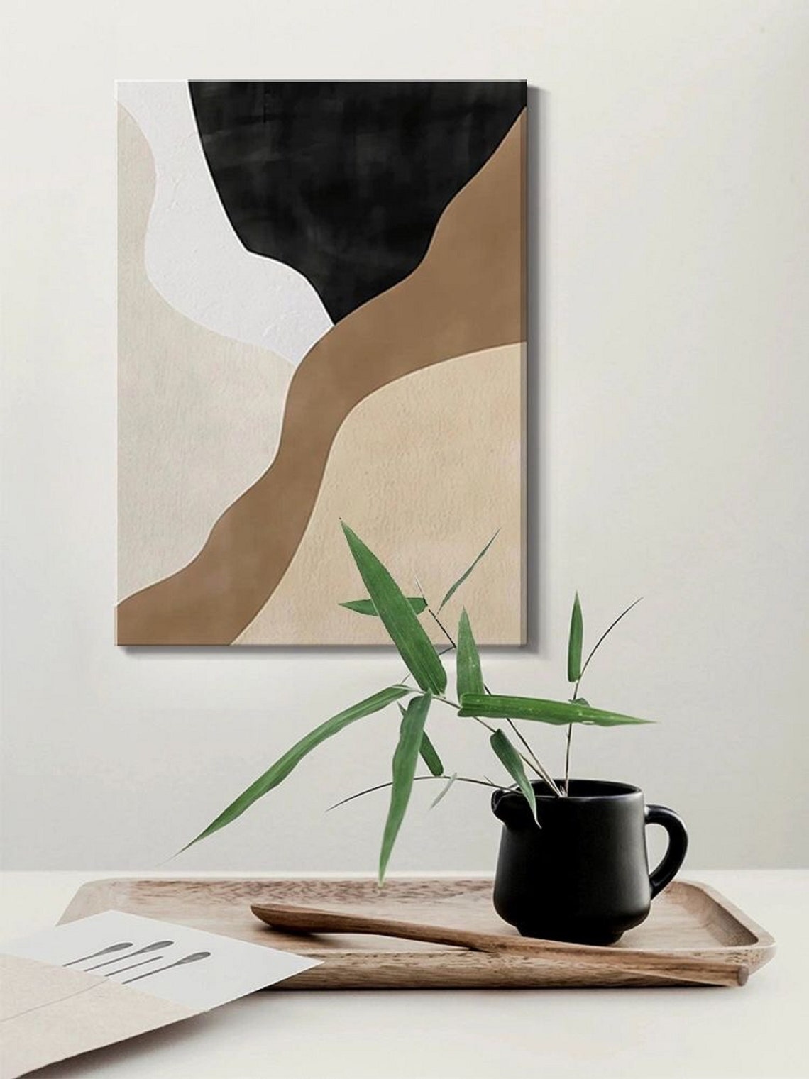 Beige And White Abstract Art Oil Painting On Black White Wall Art Black White Painting Brown Painting Beige White Wall Art - Image 4