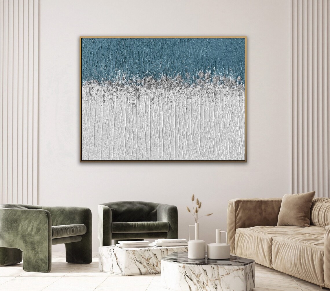 Large Blue White Abstract Painting On Wall Art Blue White Textured Minimalist Painting Blue White Wall Art Painting Blue Painting - Image 4