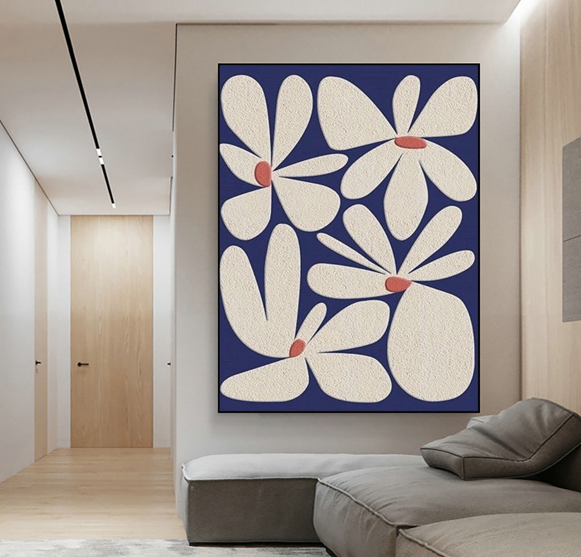 White Stylized Flowers with Coral Centers on Navy Modern Floral Poster - Image 2