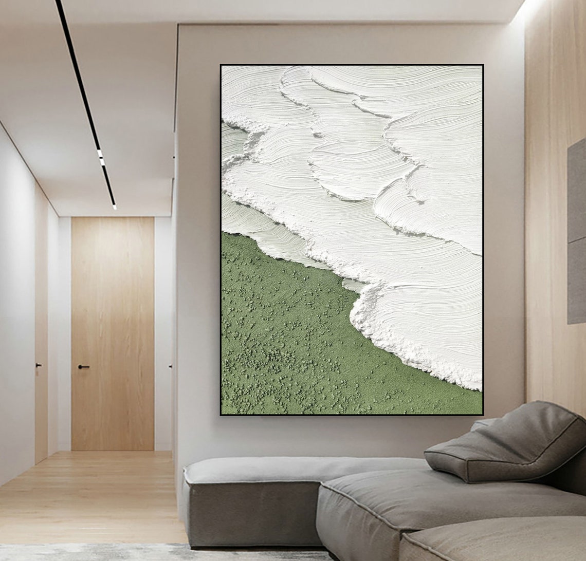 White Textured Wave Flowing Over Sage Green Abstract Painting Poster - Image 2