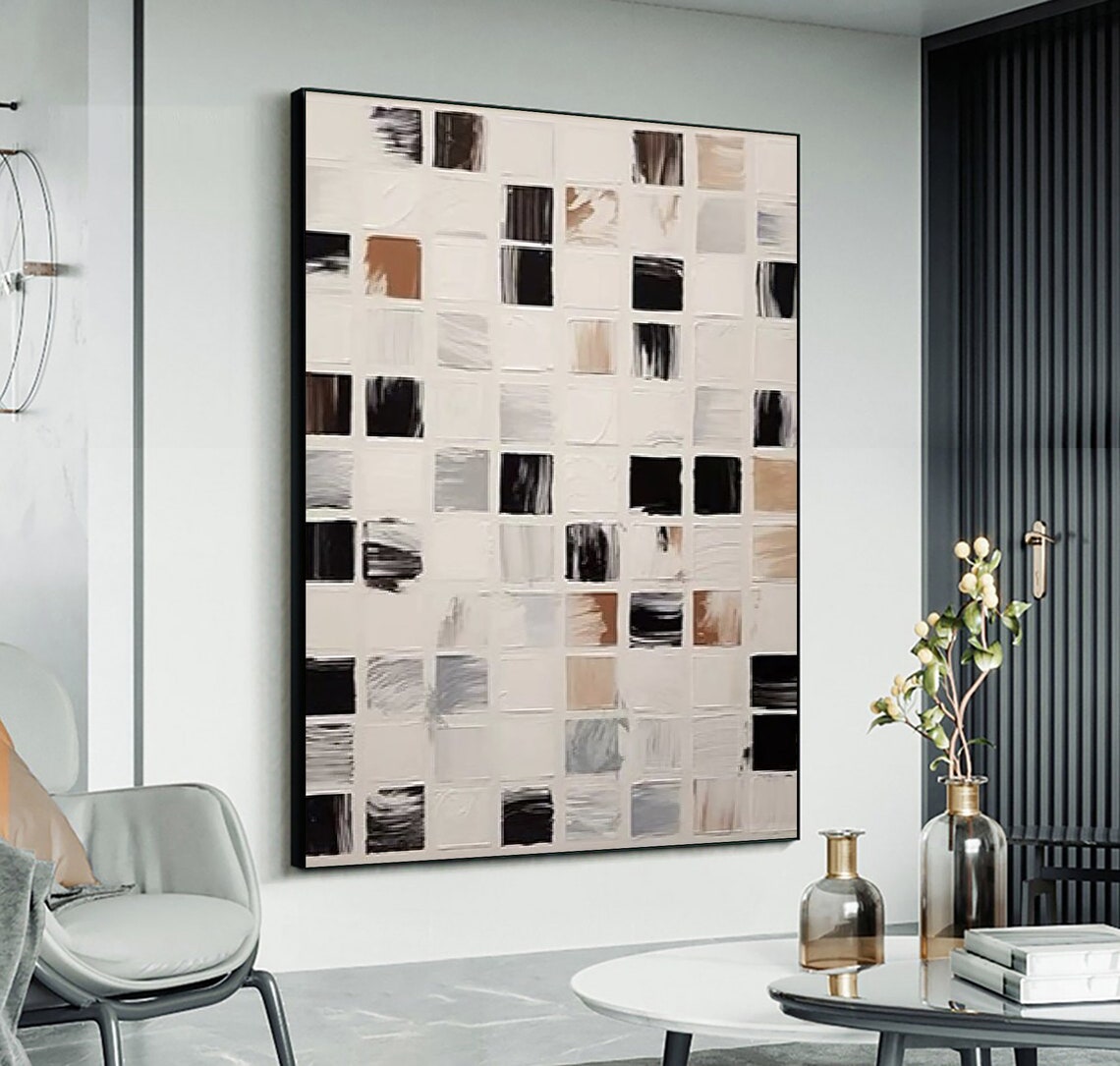 Neutral Grid Squares with Tan and Black Brushstrokes Modern Art Poster - Image 3
