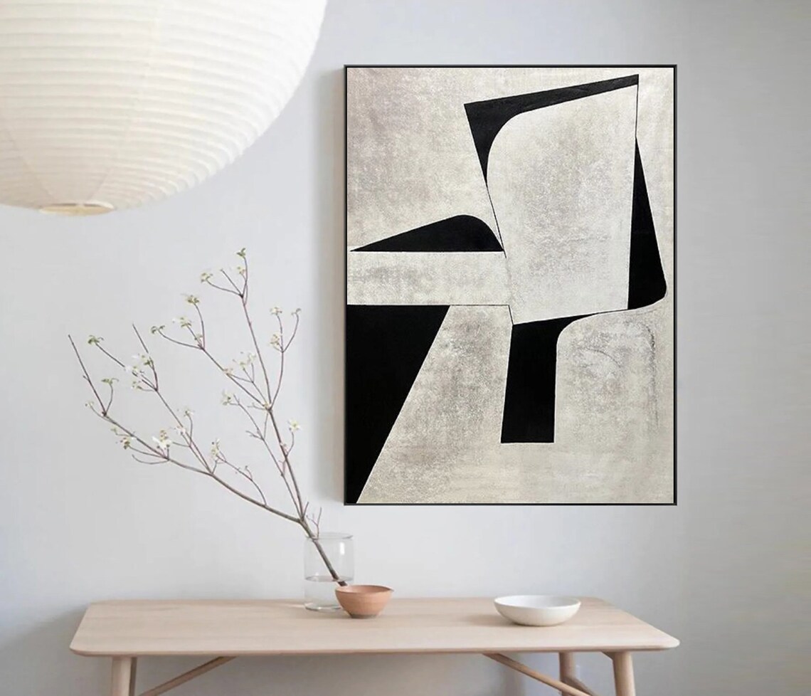Wabi Sabi Wall Art Black And White Abstract Painting On Black White Textured Wall Art Modern Minimalist Painting Entrance Wall Art - Image 3