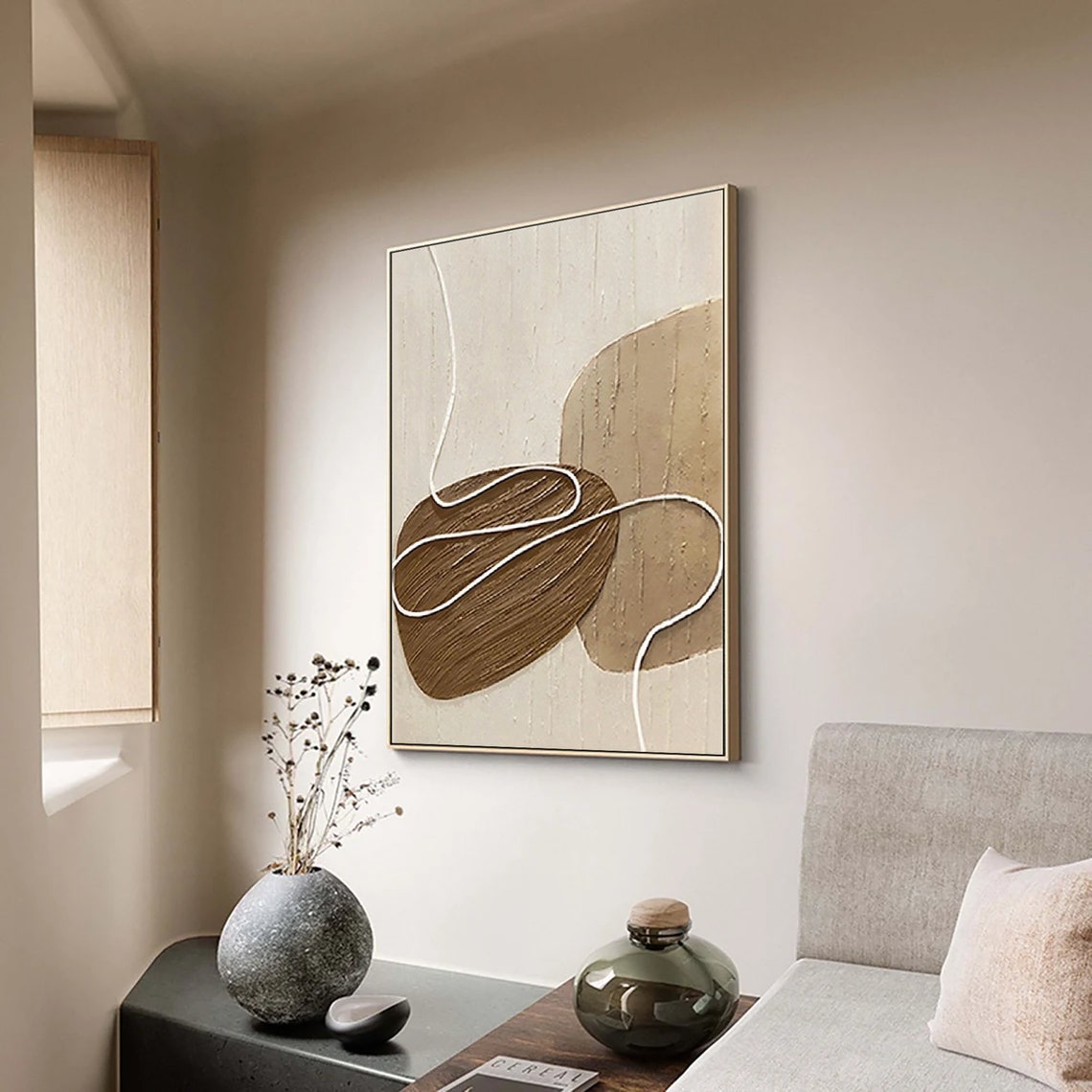 White And Beige Minimalist Wall Art Wabi Sabi Wall Art Oversize Minimalist Painting On Neutral Textured Painting Brown Wall Decor - Image 3