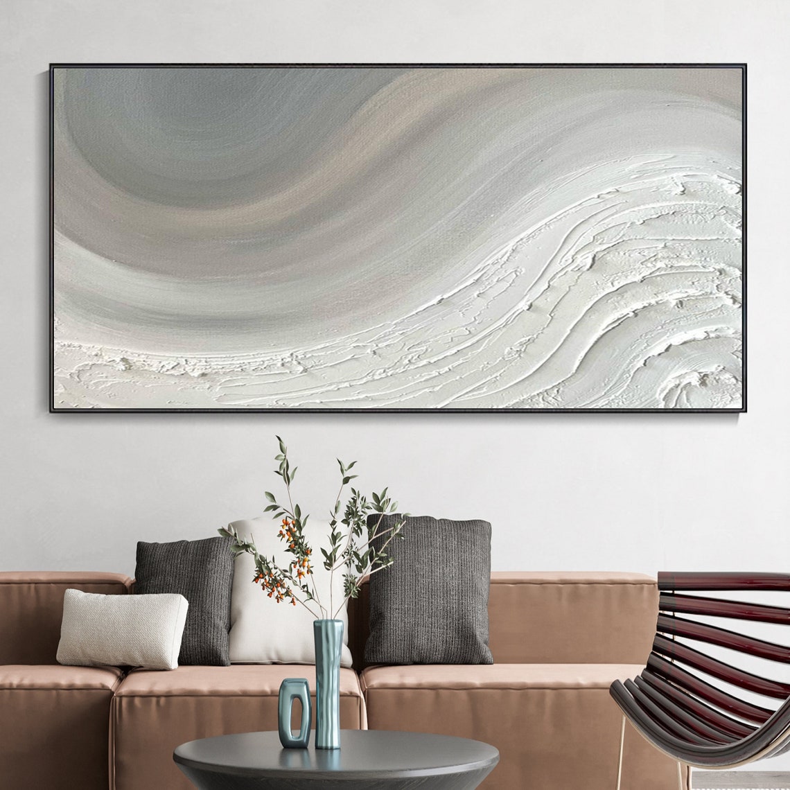 Wide Gray White Sweeping Brush Wave Texture Abstract Wall Poster - Image 3