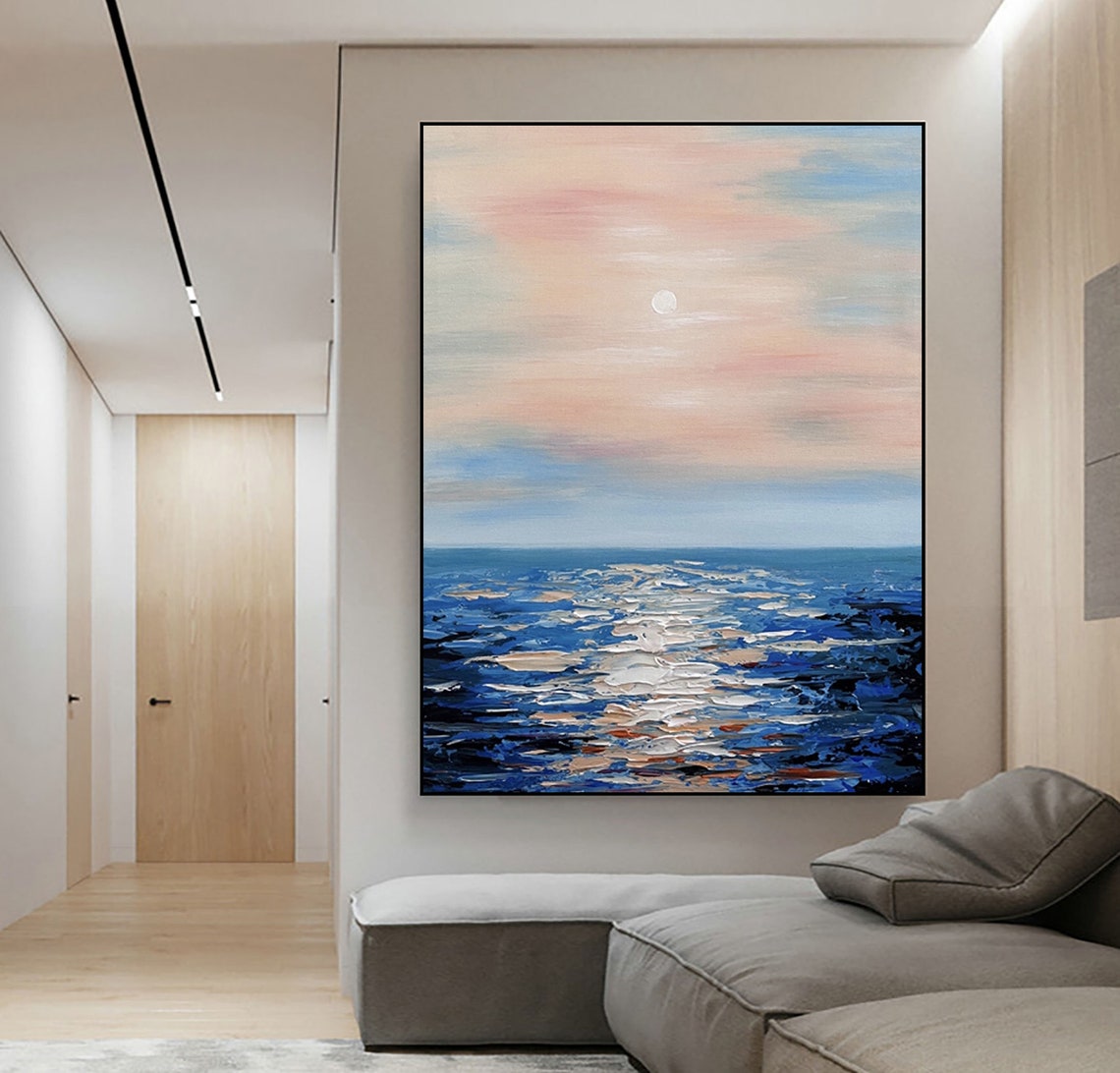 Pink Sunset Full Moon Textured Blue Ocean Seascape Abstract Poster - Image 2