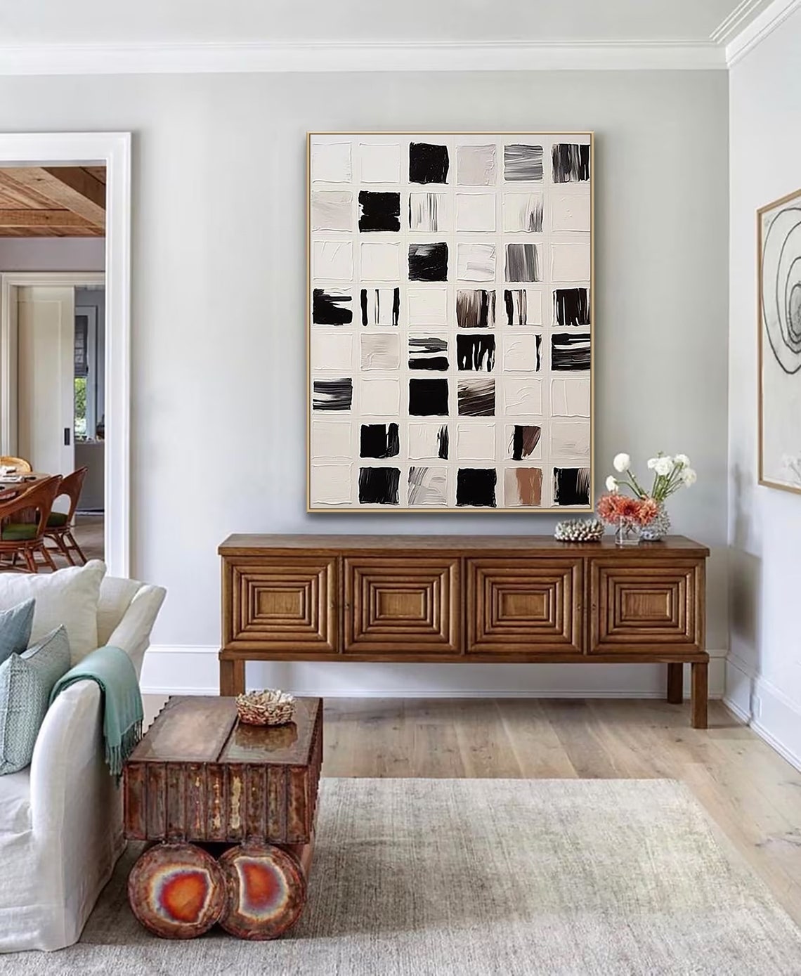 Black White Gray Brushstroke Grid Squares Textured Modern Art Poster - Image 3