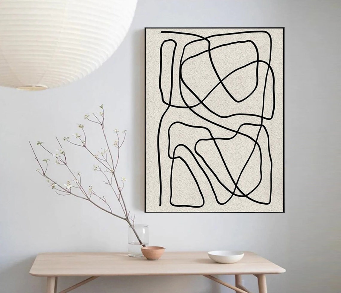 Scandinavian Wall Art White Textured Painting On Black And White Abstract Line Art Large White Wall Art Modern Minimalist Painting - Image 5