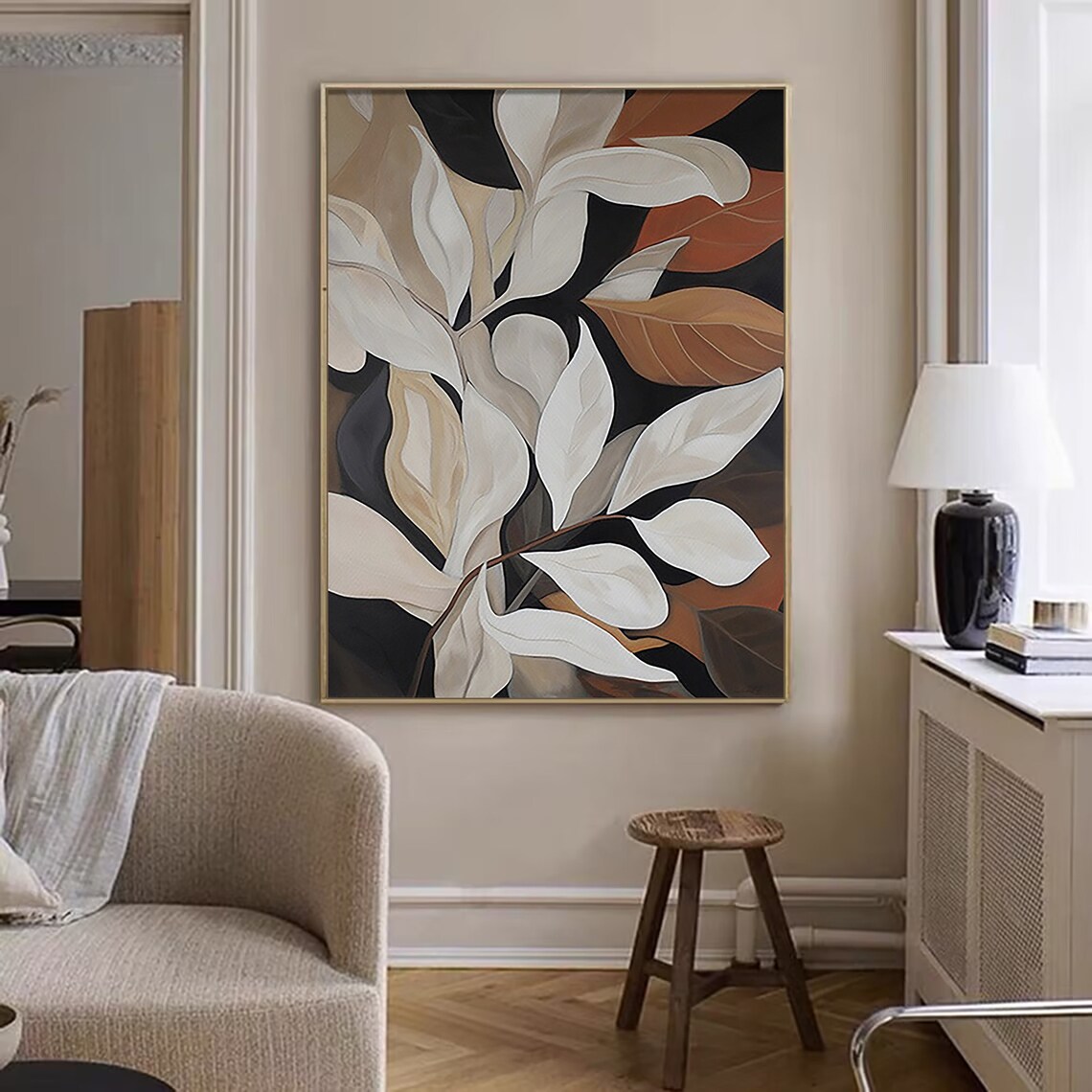 Ivory and Copper Leaves on Black Dark Botanical Painting Poster - Image 5