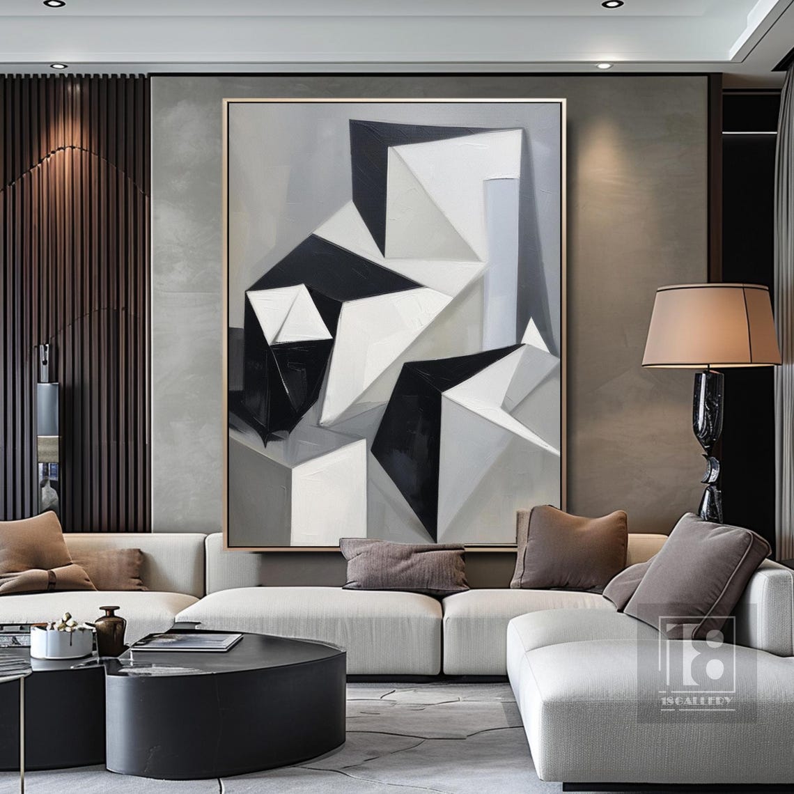 Minimalist Abstract Painting On Modern Geometric Oil Painting Black Gray White Painting Textured Wall Art Living Room Wall Decor - Image 4