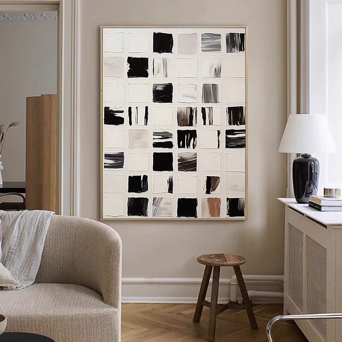 Black White Gray Brushstroke Grid Squares Textured Modern Art Poster - Image 5