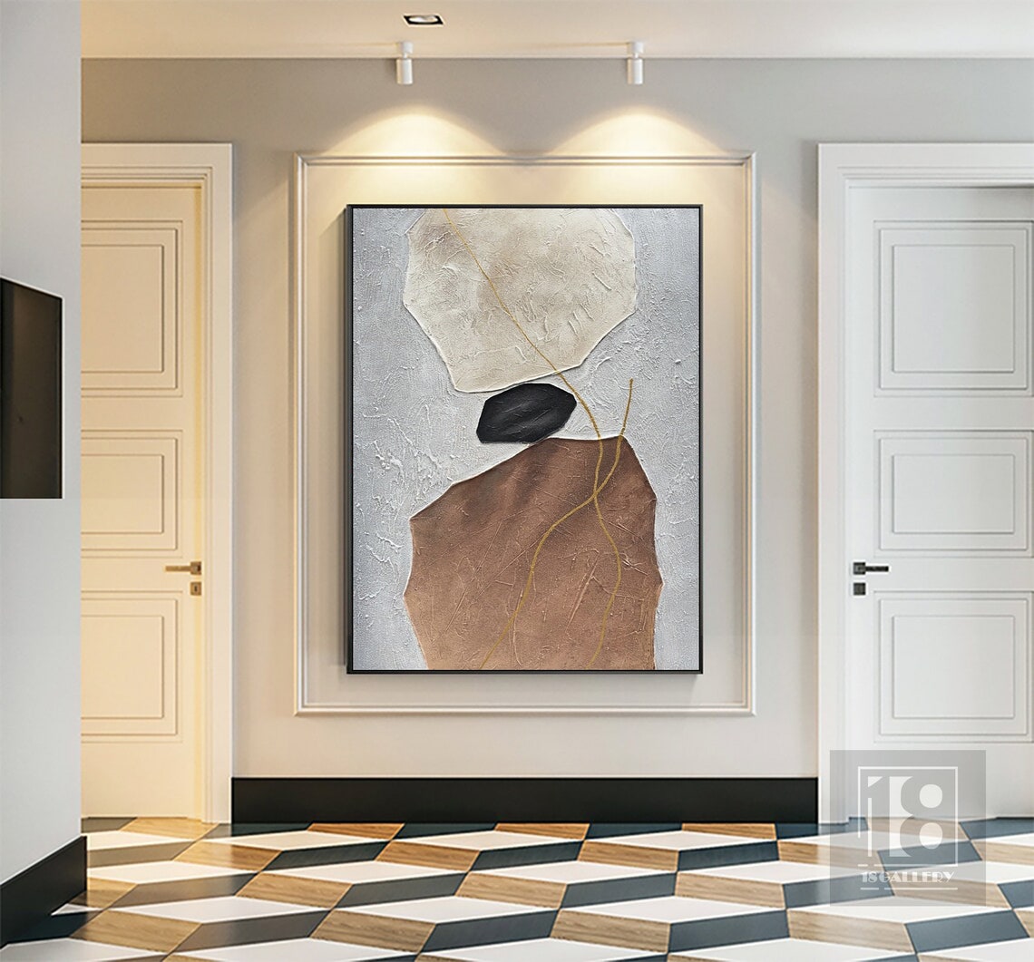 Cream Terracotta Black Pebble Shapes With Gold Lines Abstract Poster - Image 5
