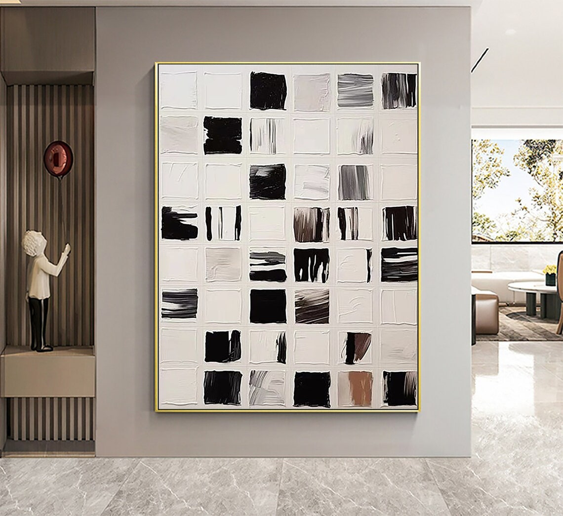 Black White Gray Brushstroke Grid Squares Textured Modern Art Poster - Image 2