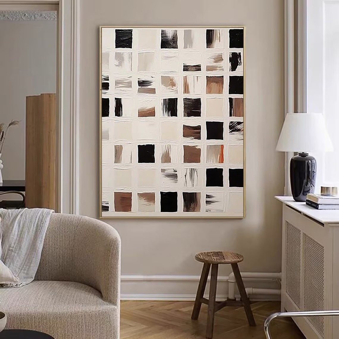 Black White Tan Brushstroke Grid Squares Minimalist Abstract Poster - Image 5