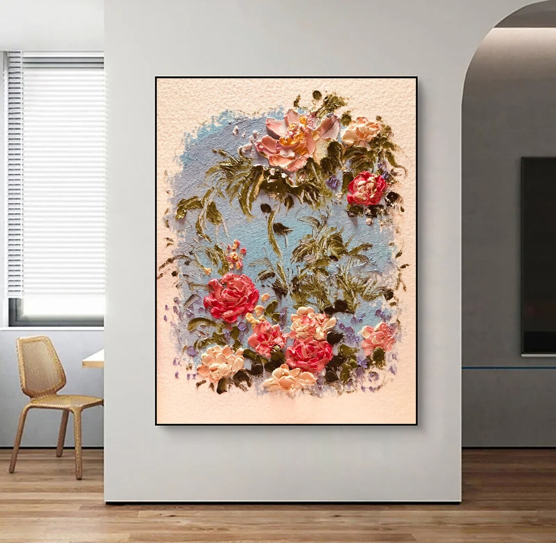 Pink Peony Rose Bouquet Impasto Floral Oil Painting Neutral Poster - Image 3