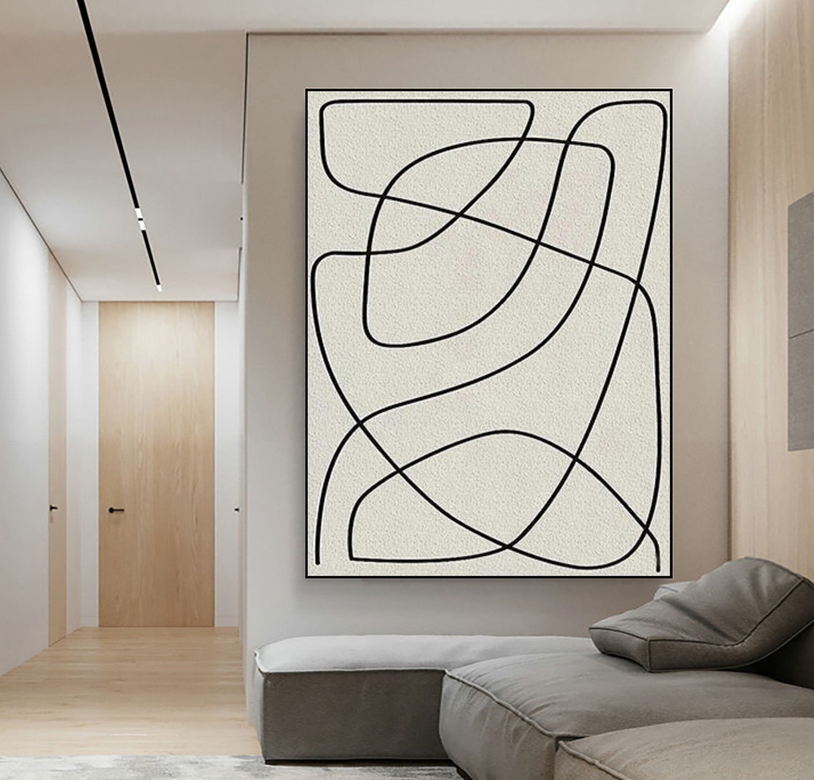 Black Ribbon Flow Lines Abstract On White Modern Wall Poster - Image 2
