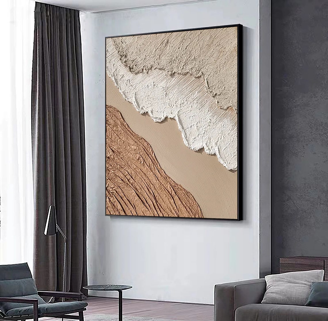 Original Brown Beige White Minimalist Abstract Painting For 3d Textured Wall Art For Beige White Textured Painting For Abstract Art - Image 2