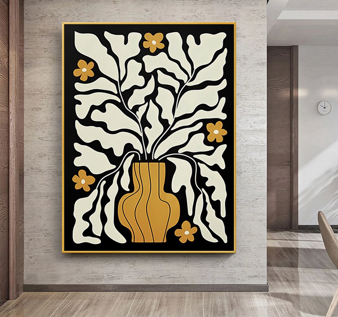 Bold Black Botanical Art With Cream Leaves and Mustard Vase Poster - Image 2