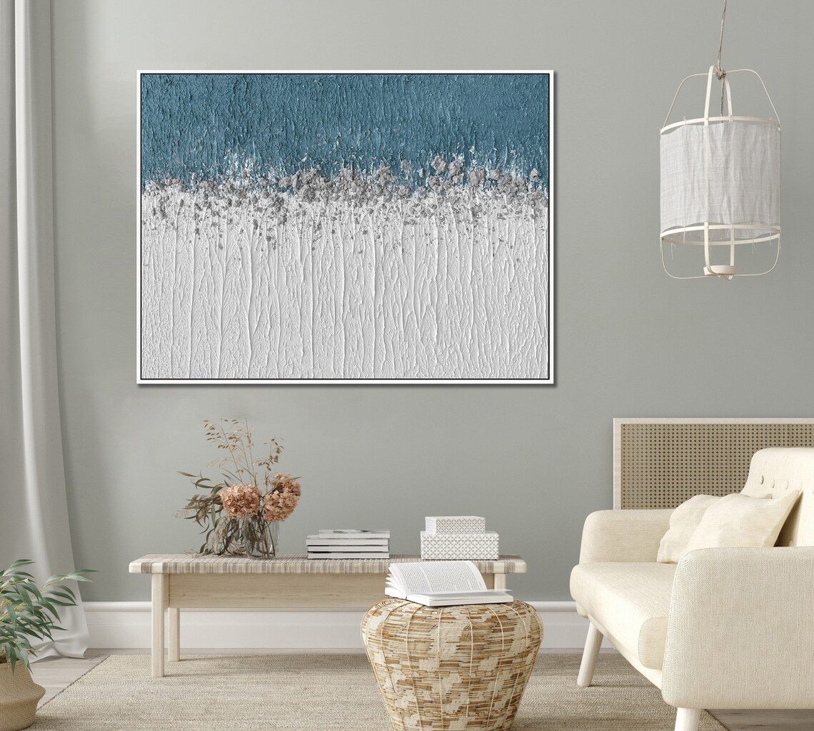 Large Blue White Abstract Painting On Wall Art Blue White Textured Minimalist Painting Blue White Wall Art Painting Blue Painting - Image 3
