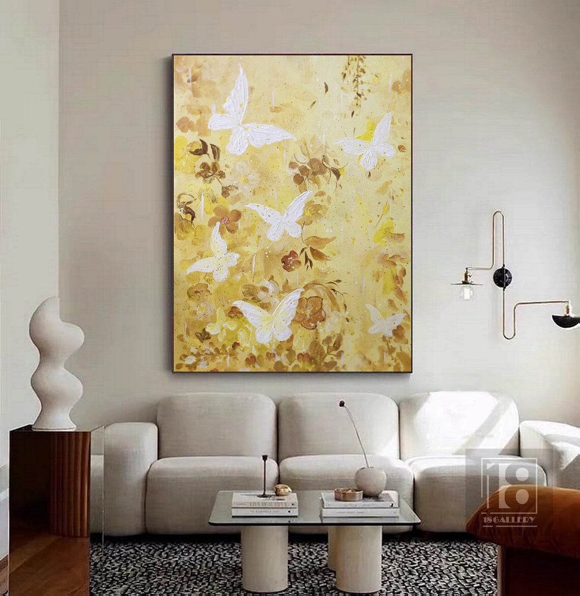 White Butterfly Landscape Painting Large Yellow Abstract Painting Modern Painting Abstract Texture Wall Art Oil Painting Artwork - Image 5