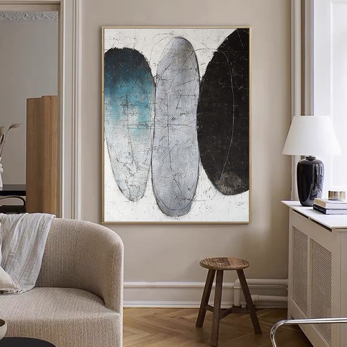 Wabi Sabi Wall Art Minimalist Abstract Painting On Wall Decor Textured Wall Art Hand Oil Painting Black White Gray Painting - Image 5