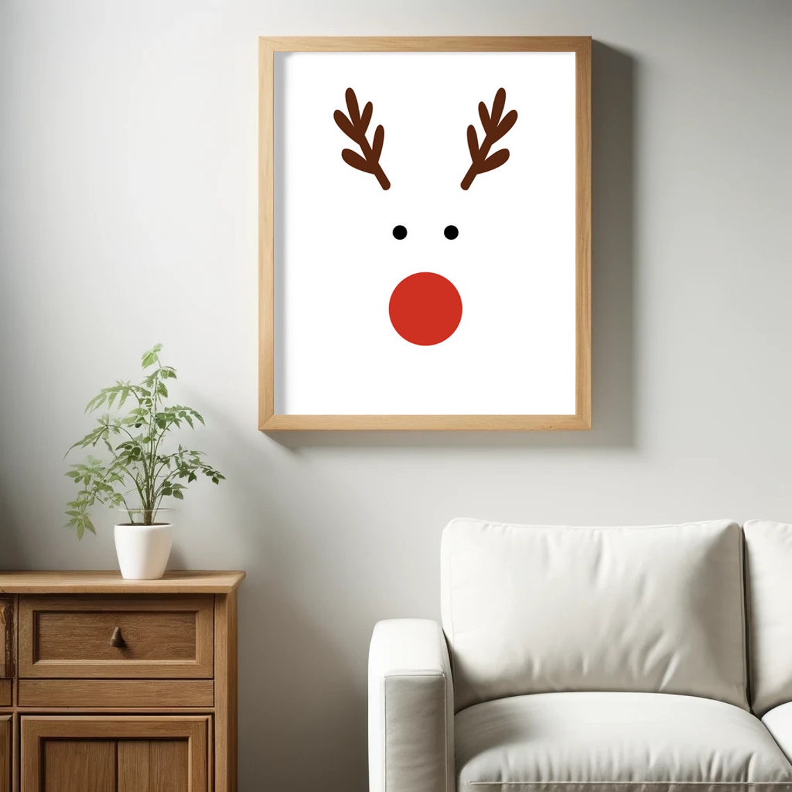 Minimal Red Nose Reindeer Face Christmas Holiday Decor Wall Art - Image 2