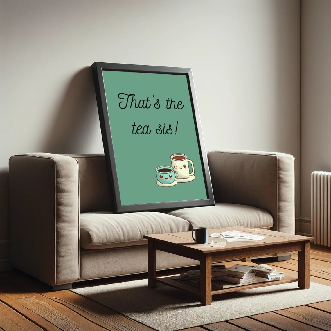 Thats The Tea Sis Kawaii Smiling Coffee Cups Sage Green Wall Print - Image 2