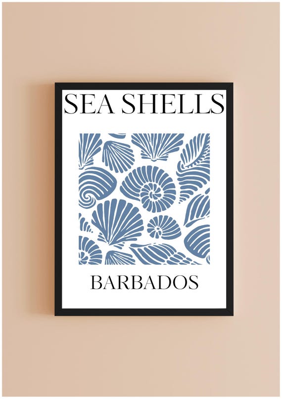 Barbados Sea Shells Print Blue Coastal Wall Art
